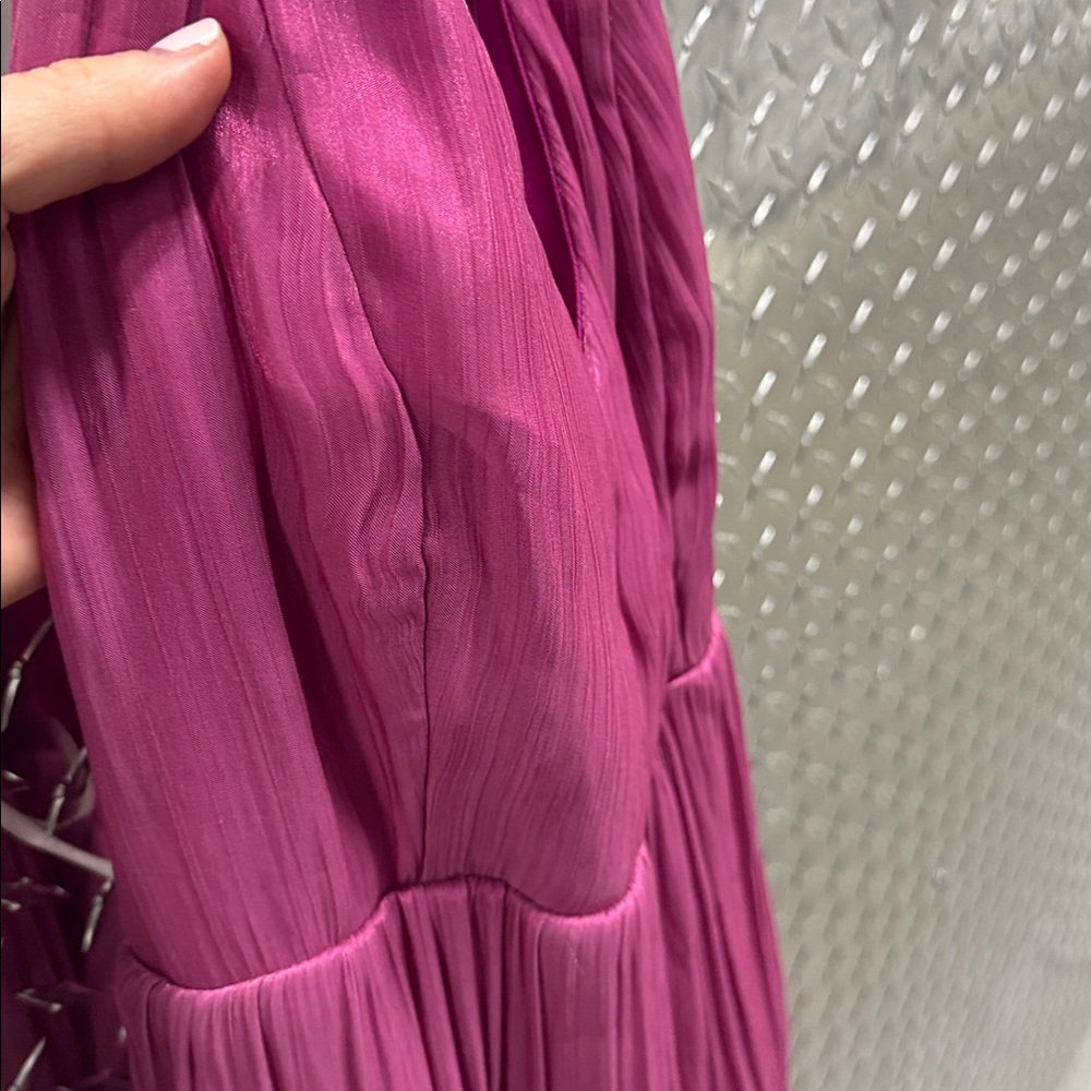 Magenta Lulus Organza Tie-Strap Tiered Midi Dress - Size Small - Picture 4 of 5